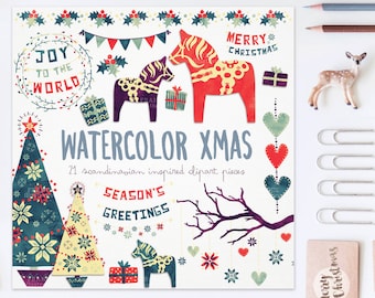 3 FOR 2. Clipart: Watercolor Christmas. Traditional Nordic. Dala Horse, Christmas Tree, Bunting, Holly, Xmas, Decorative Garland, Ornament