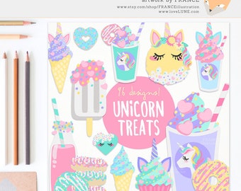 3 FOR 2. Unicorn Food Clipart. Aesthetic Cute Pastel Pony Pegasus. Heart Donuts, Ice Cream Sundae, Party Food, Sprinkles. Planner Sticker.