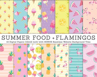 3 FOR 2. Summer Digital Papers, Watercolor Flamingo, Pineapple Pattern, Cute Kids Scrapbooking, Beach, Watermelon, Ice Cream, Tropical Fruit