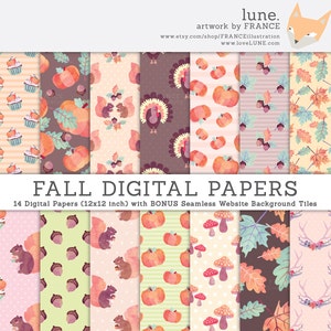 3 FOR 2. Fall Autumn Digital Papers. Thanksgiving Watercolor Pumpkin, Squirrel, Cupcake, Acorn Leaves Leaf, Turkey. Polka Dots. Pattern. image 1