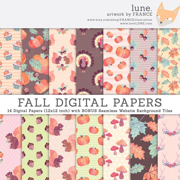 3 FOR 2. Fall Autumn Digital Papers. Thanksgiving Watercolor Pumpkin, Squirrel, Cupcake, Acorn Leaves Leaf, Turkey. Polka Dots. Pattern.