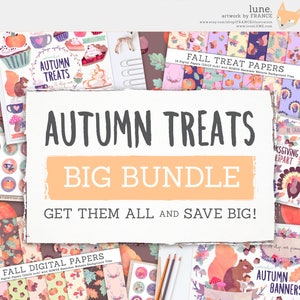 Autumn Treats BIG BUNDLE! 10 Thanks Giving + Autumn Themed Clipart, Paper and Printables Sets. Pattern. Thanksgiving. Pastel. Food.