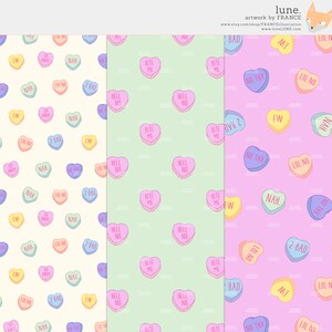May include: Three seamless patterns featuring colorful candy hearts with various phrases, including "Bite Me", "Hell No", "Ew", "Nah", "Lol No", "2 Bad", "No Thx", and "Don't Touch".