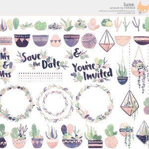 May include: A set of watercolor illustrations featuring succulents in pots, hanging planters, and wreaths. The illustrations are in shades of pink, green, and purple. The text "Mr & Mrs", "Save the Date", and "You're Invited" is included.