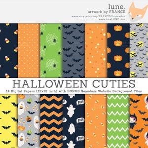 May include: A set of 14 digital Halloween themed papers, each featuring a different pattern. The patterns include bats, ghosts, pumpkins, candy corn, spiderwebs, and chevron stripes. The papers are 12x12 inches and come with bonus seamless website background tiles.