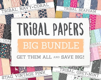 Tribal Stag Digital Paper BIG BUNDLE! 10 Paper Sets: Deer, Arrows, Feather, Geometric Shape. Vector. Seafoam. VintagePink, NavyCoral Pattern