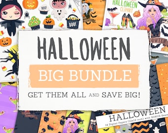 Halloween BIG BUNDLE! 7 Clip Art and Digital Paper Sets. Lil'Smushies. Fashion. Ghost. Patterns. Pumpkins. Witch. Journal Planner Stickers.