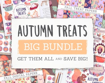 Autumn Treats BIG BUNDLE! 10 Thanks Giving + Autumn Themed Clipart, Paper and Printables Sets. Pattern. Thanksgiving. Pastel. Food.