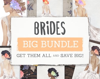 Watercolor Brides BIG BUNDLE! 7 Bridal Fashion Illustrations with a Watercolor Texture. Fashion. Fashionista.