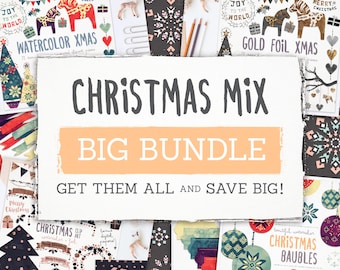 Christmas Mix BIG BUNDLE! 7 Christmas Themed Clipart, Digital Paper Packs, High Resolution Tiles. Nordic. Foil. Snowflake. Baubles. Labels.