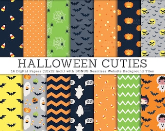 3 PER 2. Carta digitale di Halloween. Graziosi modelli per inviti per feste di bambini. Caramelle di mais, zucche, pipistrelli, ragni, costumi. Motivo. Lil'Smushies.