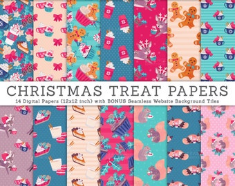 3 FOR 2. Christmas Treat Digital Paper: Xmas Seamless Patterns. Watercolor Christmas Fox, Squirrel, Reindeer, Cupcake. Polka Dot. Food Treat