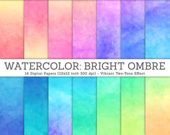 3 FOR 2. Watercolor Digital Paper. Bright Ombre Watercolor Texture. Pink Watercolor, Blue Background Texture, DIY Craft for Invitations.