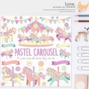3 FOR 2. Pastel Carousel Horse Clipart. Little Pony. Cute Childrens Party. Scrapbooking, Stickers. Candy Color. Decorative. Bunting. Banner
