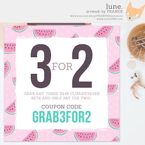 Puede incluir: Fondo rosa y blanco con un patrón de sandía. Un cuadrado blanco con un borde rosa contiene el texto "3 por 2" en negro y gris. El texto "GRAB ANY THREE $4.49 CLIPART/PAPER SETS AND ONLY PAY FOR TWO!" está en negro. El texto "CÓDIGO DE CUPÓN: GRAB3FOR2" está en turquesa.