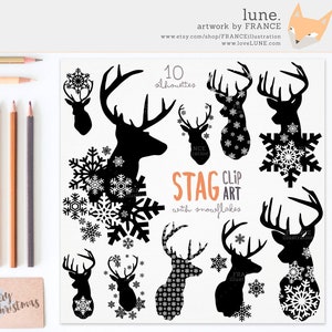 3 FOR 2. Stag Snowflake Deer Silhouette Clipart. Deer Antlers. Christmas Clip Art. Xmas Craft Scrapbook. Transparent. Deer Bust. Hunting. image 1