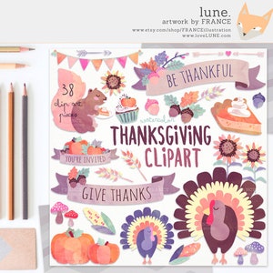 3 FOR 2. Thanksgiving Clipart: Autumn Watercolour Pumpkin, Turkey, Pie, Banner, Arrow. Kawaii Handdrawn Pastel Digital Fall Floral Art, Food