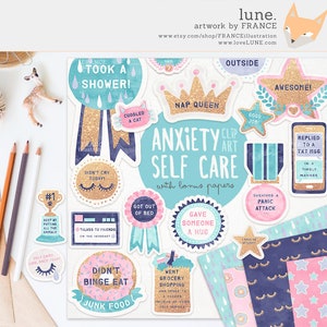 3 FOR 2. Anxiety / Depression Self Care Award Digital Clipart Stickers V2 Gold Glitter. Tumblr Aesthetic. Funny Planner Pattern Papers. image 1