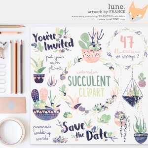 May include: Watercolor succulent clipart with 47 illustrations. The clipart includes a variety of succulents in pots, hanging planters, and a "Save the Date" sign. The text "You're Invited" and "pot your own plant" are also included.