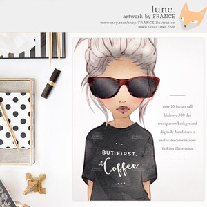 May include: A digital illustration of a woman with a bun in her hair wearing sunglasses and a black t-shirt that says "But first, coffee". The illustration is done in a watercolor style and has a transparent background.