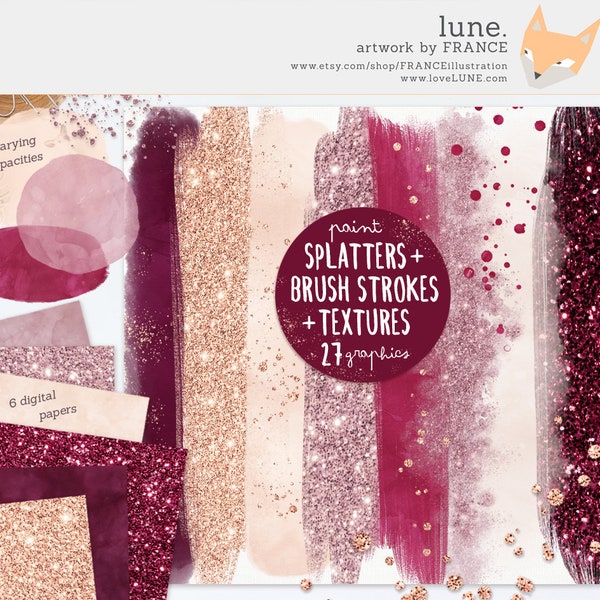 3 FOR 2. Brush Stroke Clipart. Gold Glitter Confetti, Burgundy Watercolor Paint Texture. Transparent Graphics. Commercial Use Logo Design.