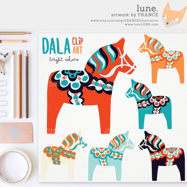 3 FOR 2. Bright Dala Horse Clip Art. Traditional Nordic Folk Art Designs. Swedish Scandinavian Clipart. Dalahäst/Dalecarlian Horse, Pony.