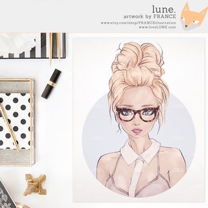 3 FOR 2. Blog Girl Avatar. Fashion Illustration. Handdrawn Artwork of a Blonde, Tortishell Glasses + Sheer Blouse. Fashionista. Watercolor.