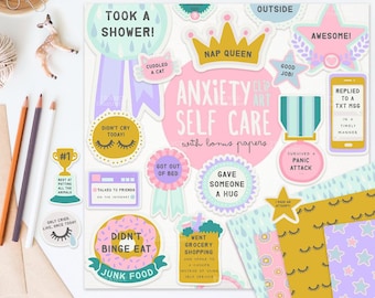 3 FOR 2. Anxiety / Depression Self Care Award Digital Clipart Stickers. Tumblr Aesthetic Pinterest. Funny Achievement Planner Pattern Pastel