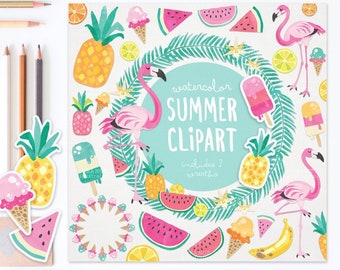 3 FOR 2. Watercolor Summer Clipart, Tropical Clipart, Beach Clip Art, Flamingo Clipart, Pineapple Clipart, Vacation, Food, Fruit, Ice Cream