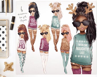 3 FOR 2. Christmas Naughty Sweater Clipart BAE. Watercolor Fashion Girl Adult Sexy Fashionista Sticker Planner Idea. Gold Pink Glitter Xmas.