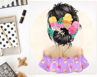 3 FOR 2. Fashion Illustration Girl, Watercolor Chic Clipart, Tropical Summer Design, Asian Fashionista Black Hair, Popsicle Ice Cream, Food.