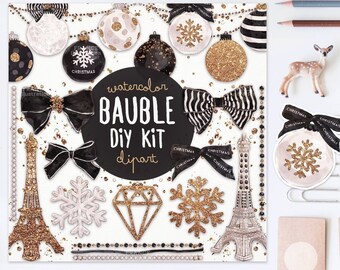 3 FOR 2. DIY Bauble Kit Gold Glitter Watercolor Christmas Clipart. Fashion Decorations Art for Planner Stickers. Paris, Fashionista, Balls.