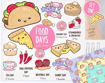 3 FOR 2. Cute Food Clipart / Kawaii Aesthetic / Taco, Pizza, Tea, Candy, Pancakes, Donut / Digital Paper / Planner Sticker Idea / Cute Faces