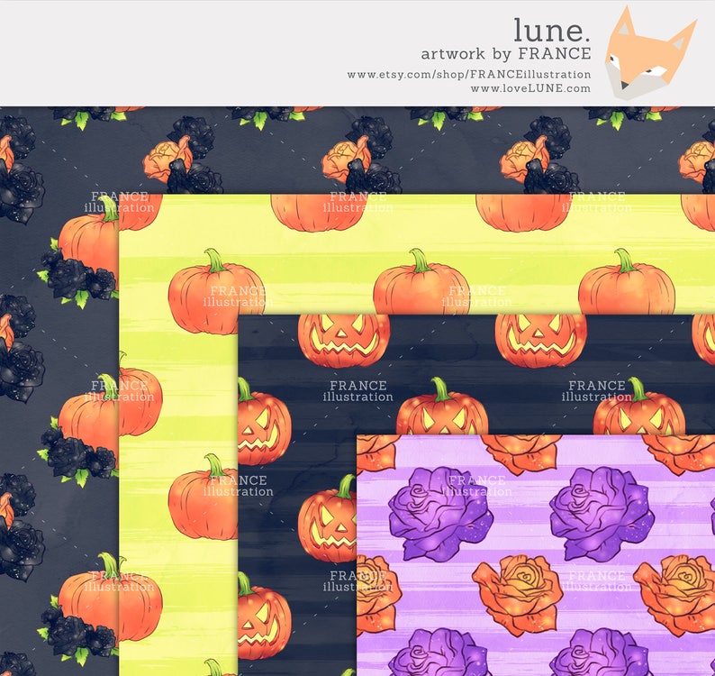 Pu&ograve; includere: Quattro motivi di carta digitale a tema Halloween. Il primo motivo &egrave; nero con rose nere e zucche arancioni. Il secondo motivo &egrave; giallo con zucche arancioni. Il terzo motivo &egrave; nero con zucche arancioni con facce spaventose. Il quarto motivo &egrave; viola con rose arancioni e viola.