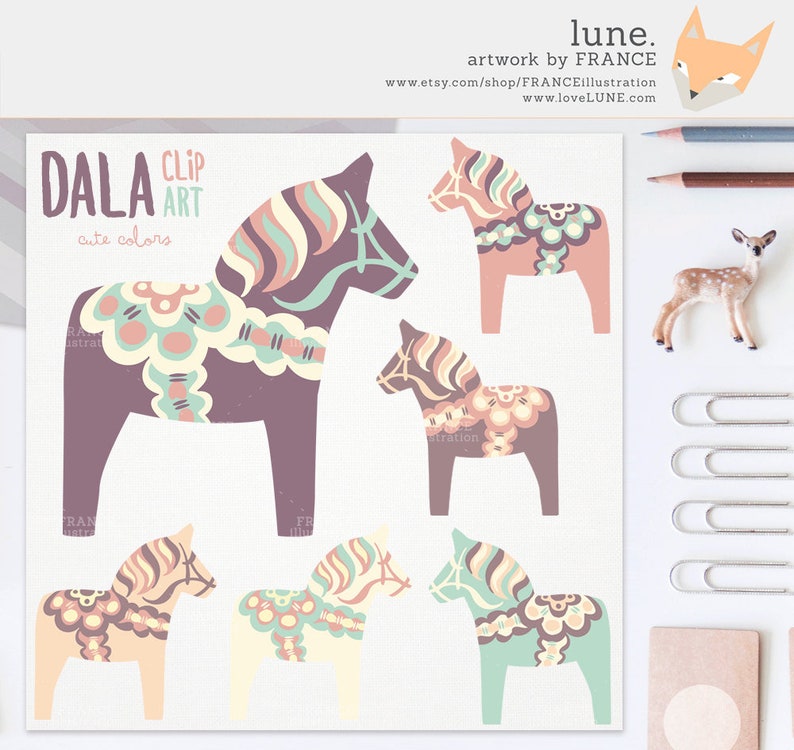 Cute Dala Horse Clip Art Pastel Color Nordic Folk Art Designs Dalah\u00e4stDalecarlian Horse Pony. 3 FOR 2 Swedish Scandinavian Clipart