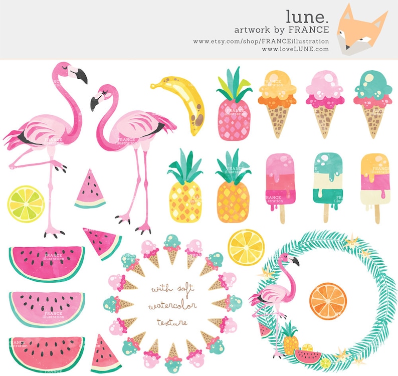 3 FOR 2. Watercolor Summer Clipart, Tropical Clipart, Beach Clip Art, Flamingo Clipart, Pineapple Clipart, Vacation, Food, Fruit, Ice Cream image 3