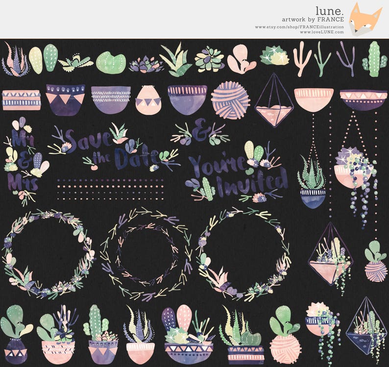 May include: A set of digital illustrations featuring various cacti and succulents in pots and hanging planters. The illustrations are in a watercolor style with a dark background. The set includes the text "Mr. & Mrs." "Save the Date" and "You're Invited".