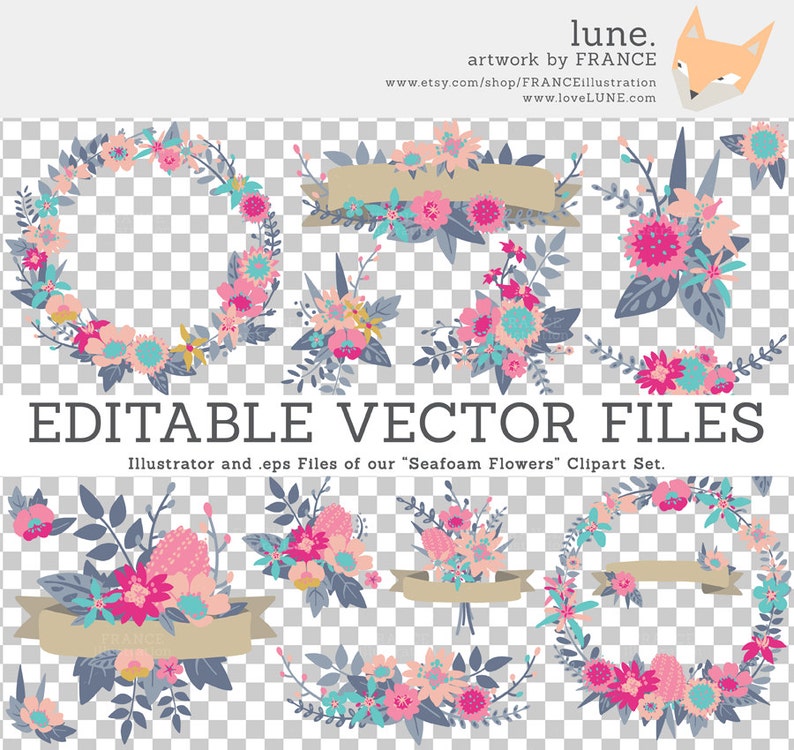 Illustrator Editable Vector Floral Clipart EPS Textile Art Wreaths Clip Art Peach Wedding Flowers Blue Pink Seafoam. PDF Banners