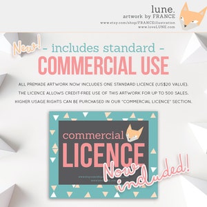 May include: A digital illustration of a fox with a pink and white background. The text "commercial licence now included!" is in a pink circle with a white outline. The text "lune. artwork by FRANCE" is at the top of the image.