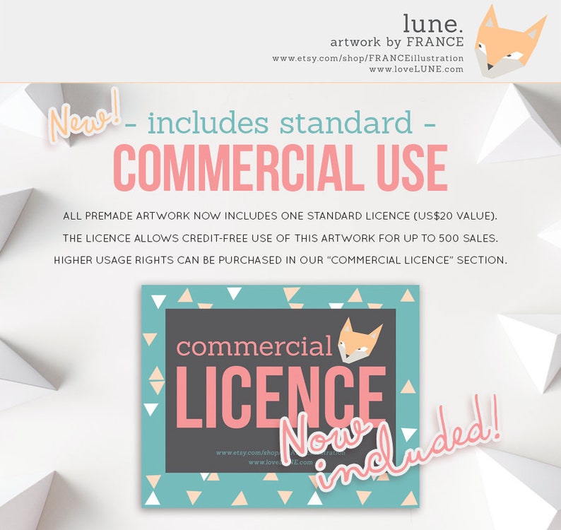 May include: A digital illustration of a fox with a pink and white background. The text "commercial licence now included!" is in a pink circle with a white outline. The text "lune. artwork by FRANCE" is at the top of the image.