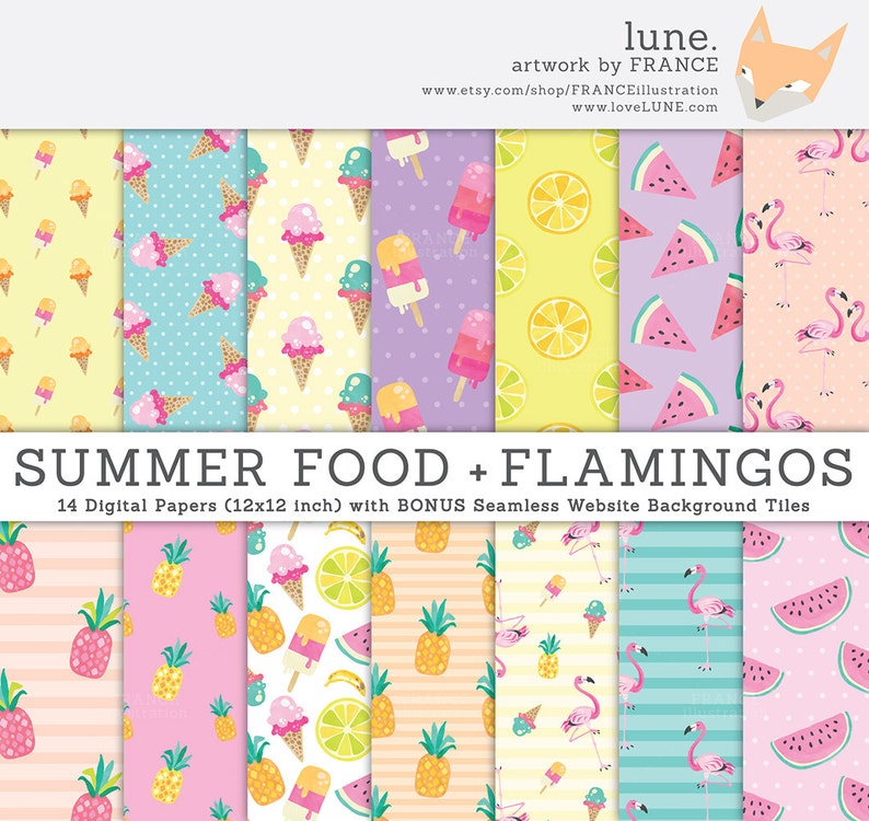 3 FOR 2. Summer Digital Papers, Watercolor Flamingo, Pineapple Pattern, Cute Kids Scrapbooking, Beach, Watermelon, Ice Cream, Tropical Fruit image 1