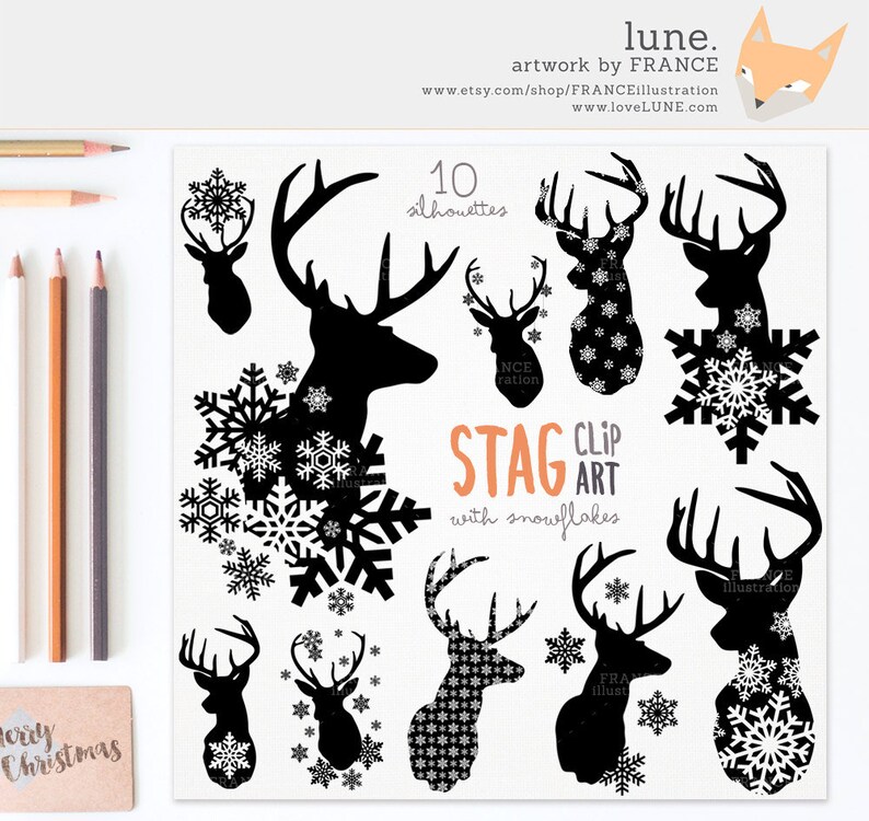3 FOR 2. Stag Snowflake Deer Silhouette Clipart. Deer Antlers. Christmas Clip Art. Xmas Craft Scrapbook. Transparent. Deer Bust. Hunting. image 1