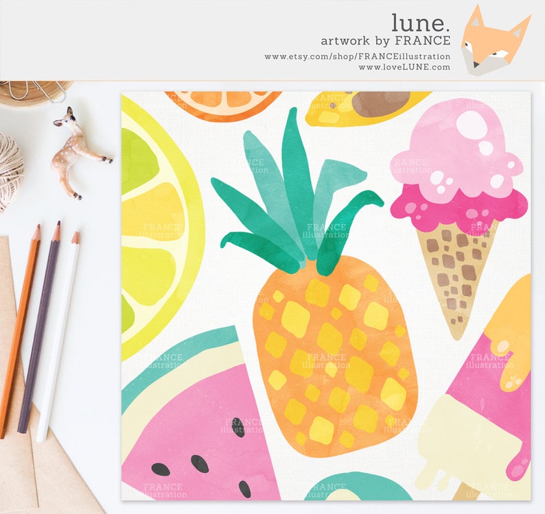3 FOR 2. Watercolor Summer Clipart, Tropical Clipart, Beach Clip Art, Flamingo Clipart, Pineapple Clipart, Vacation, Food, Fruit, Ice Cream image 4