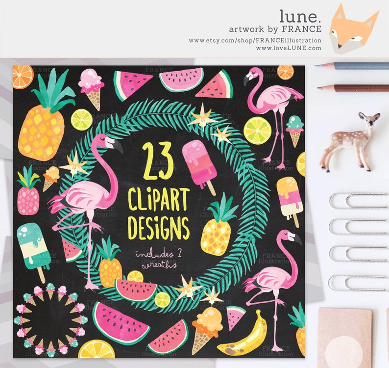 3 FOR 2. Watercolor Summer Clipart, Tropical Clipart, Beach Clip Art, Flamingo Clipart, Pineapple Clipart, Vacation, Food, Fruit, Ice Cream image 2