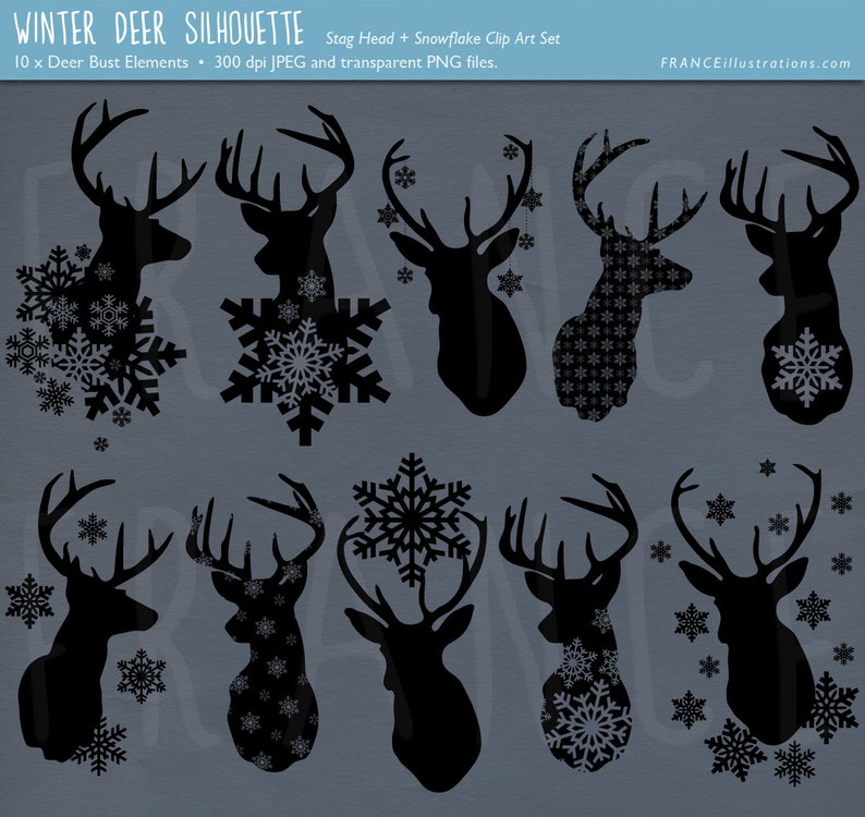 3 FOR 2. Stag Snowflake Deer Silhouette Clipart. Deer Antlers. Christmas Clip Art. Xmas Craft Scrapbook. Transparent. Deer Bust. Hunting. image 3