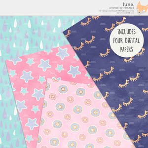 May include: Four digital paper patterns in a collage. The patterns include pink and blue raindrops, pink and blue stars, pink and blue donuts, and gold eyelashes on a navy blue background. The text "INCLUDES FOUR DIGITAL PAPERS" is in the center of the collage.