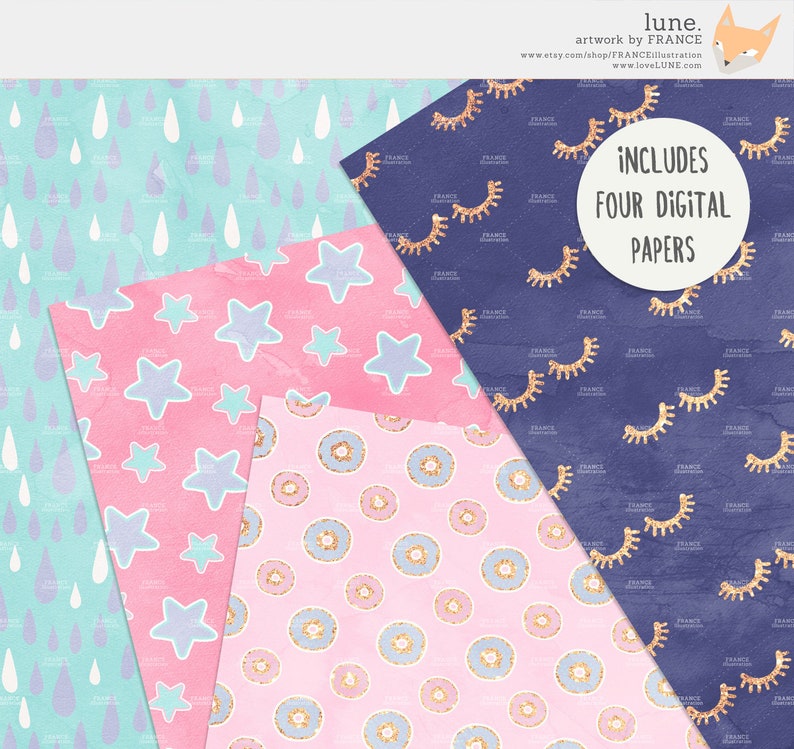 May include: Four digital paper patterns in a collage. The patterns include pink and blue raindrops, pink and blue stars, pink and blue donuts, and gold eyelashes on a navy blue background. The text "INCLUDES FOUR DIGITAL PAPERS" is in the center of the collage.