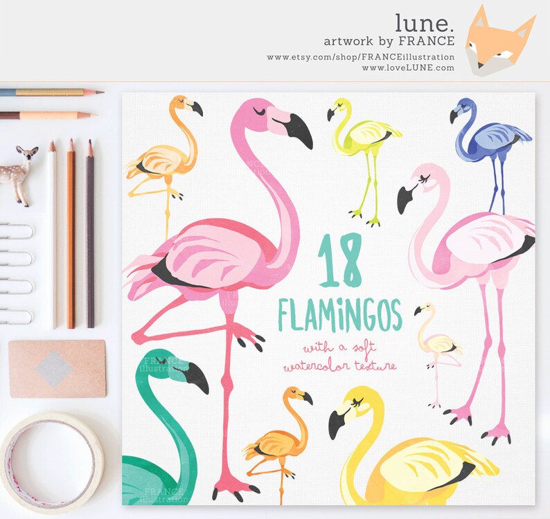 May include: A set of 18 flamingo illustrations in various poses and colors, with a soft watercolor texture. The text "18 Flamingos with a soft watercolor texture" is included in the image.