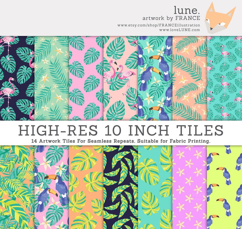 May include: A set of 14 digital seamless pattern tiles featuring tropical designs. The patterns include toucans, flamingos, palm leaves, and flowers in various colors, including pink, green, blue, yellow, and orange. The tiles are 10 inches in size and are suitable for fabric printing.