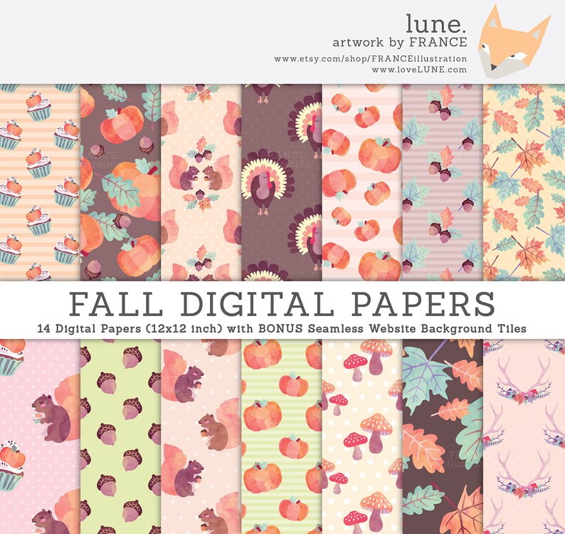 3 FOR 2. Fall Autumn Digital Papers. Thanksgiving Watercolor Pumpkin, Squirrel, Cupcake, Acorn Leaves Leaf, Turkey. Polka Dots. Pattern. image 1